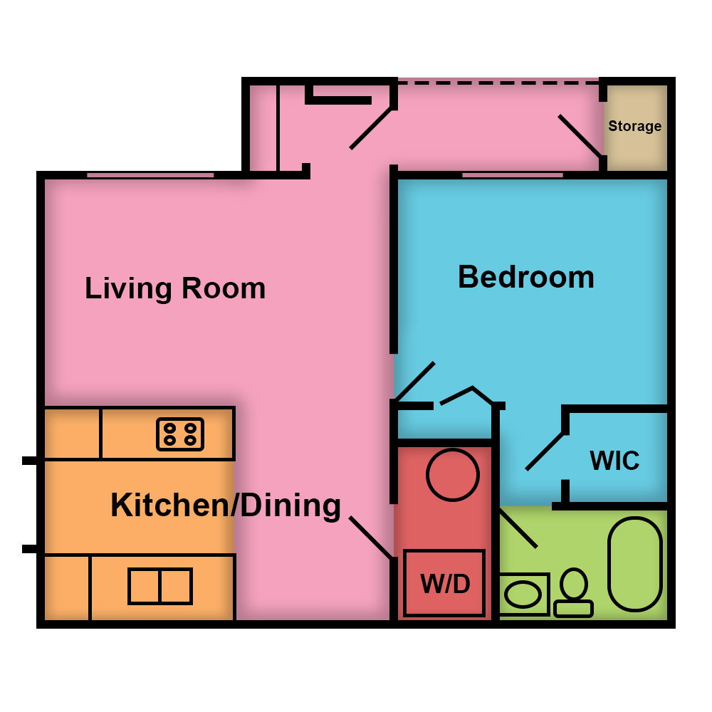 This image is the visual schematic floorplan representation of 1 Bed | 1 Bath at River Springs Apartments.