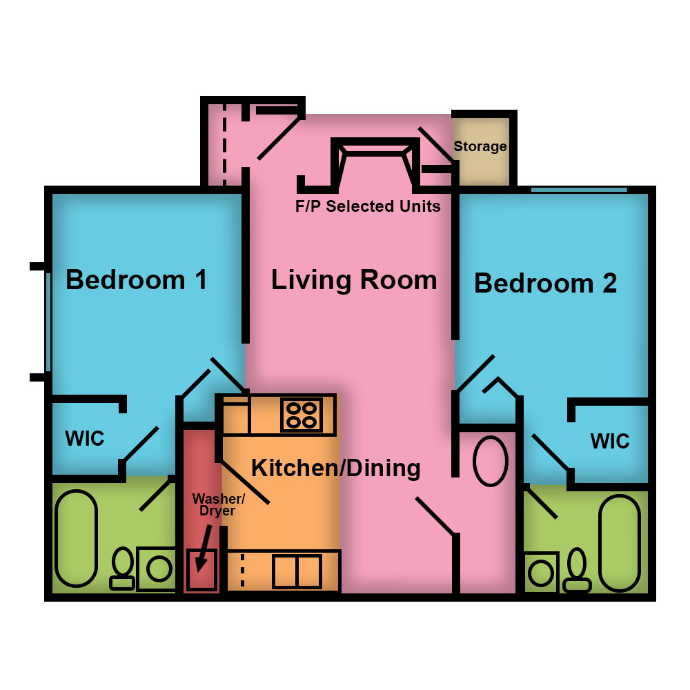 This image is the visual schematic floorplan representation of 2 Bed | 1.5 Bath at River Springs Apartments.
